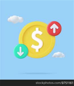 3d Cost of dollar with arrow down and up. Coin of dollar with loss or growth. 3d rendering. Vector illustration. 3d Cost of dollar with arrow down and up.