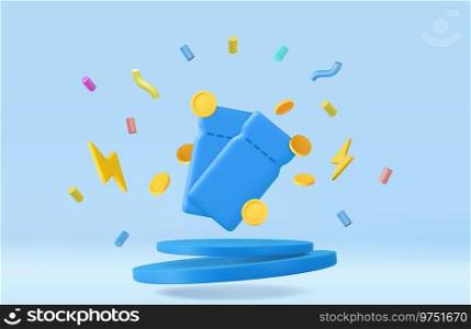 3d coupon with coins in blue podium background. Voucher card cash back template design with coupon promotion. 3d rendering. Vector illustration. 3d coupon with coins in blue podium background