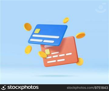 3d Credit card, floating coins around. online payments credit or debit card concept. money transfer. Financial transactions. 3d rendering. Vector illustration.. 3d Credit card, floating coins around