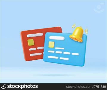 3D credit card with bell notification icon, online payment notification concept. money financial security for online shopping. 3d rendering. Vector illustration. 3D credit card