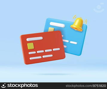 3D credit card with bell notification icon, online payment notification concept. money financial security for online shopping. 3d rendering. Vector illustration. 3D credit card