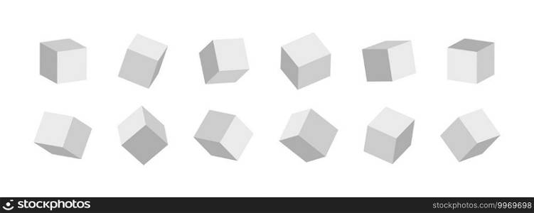 3d cube. 3d box in front. White cubic blocks. Square mockup with perspective render. Blank cardboard or paper cube isolated on white background. Polyhedron object for graphic model and gift. Vector.. 3d cube. 3d box in front. White cubic blocks. Square mockup with perspective render. Blank cardboard or paper cube isolated on white background. Polyhedron object for graphic model and gift. Vector