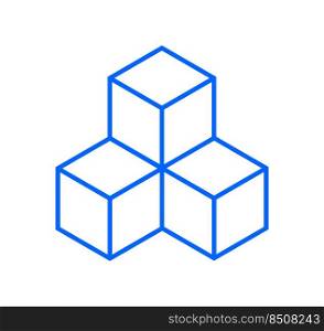3d cube. Block with 3 boxes. Outline icon for package, stack, building and delivery. Symbol of ecommerce, construction and graphic object. Vector.