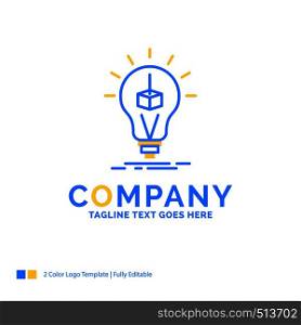 3d Cube, idea, bulb, printing, box Blue Yellow Business Logo template. Creative Design Template Place for Tagline.