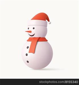3d cute snowman in red Christmas hat. Realistic 3d design element In plastic cartoon style. Icon isolated on white background. 3d rendering. Vector illustration. 3d cute snowman with Xmas hat.
