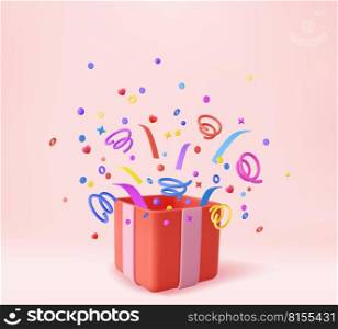 3d Cute Surprise Gift Box With Falling Confetti. Present box as prize concept. Christmas and New Year s surprise. Present box for birthday. 3d rendering. Vector illustration. 3d Cute Surprise Gift Box With Falling Confetti