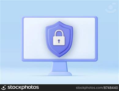 3D Cyber security technology concept. personal data protection. Data security protection. Header for website with laptop and protection shield. 3D rendering. Vector illustration. 3D Cyber security technology mechanism concept.