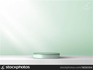 3D cylinder pedestal product display presentation minimal wall scene green mint color background. You can use for cosmetic, mockup, exhibition, etc. Vector illustration