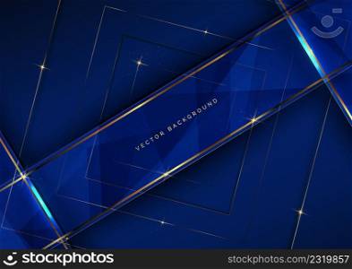 3D Dark blue luxury background with glowing golden square border lines with sparkles with copy space for text. Vector illustration