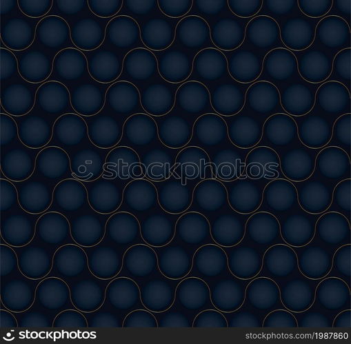 3D dark blue round shape with golden wave lines seamless pattern on black background luxury style. Vector graphic illustration