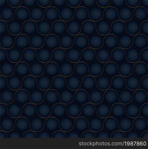 3D dark blue round shape with golden wave lines seamless pattern on black background luxury style. Vector graphic illustration