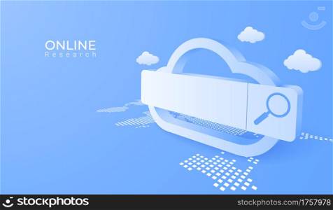 3D digital cloud computing technology background. Online searching service with magnifier. vector art illustration