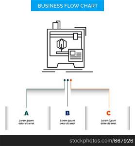 3d, dimensional, machine, printer, printing Business Flow Chart Design with 3 Steps. Line Icon For Presentation Background Template Place for text. Vector EPS10 Abstract Template background