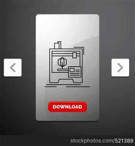 3d, dimensional, machine, printer, printing Line Icon in Carousal Pagination Slider Design & Red Download Button. Vector EPS10 Abstract Template background