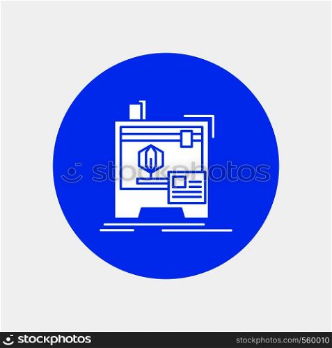 3d, dimensional, machine, printer, printing White Glyph Icon in Circle. Vector Button illustration. Vector EPS10 Abstract Template background