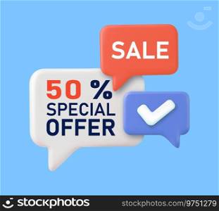3d Discount banner shape tags. Special offer speech bubbles. Sale coupon price tag icon. Sale price sticker message. 3d rendering. Vector illustration. 3d Discount banner shape tags.