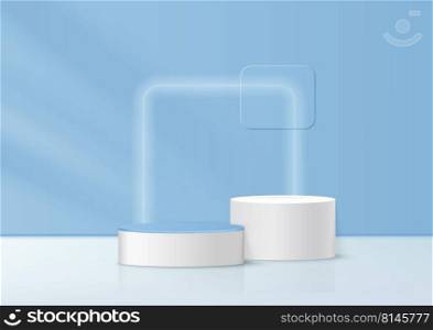 3D display product white podium. Abstract blue pastel square lighting scene. Stage for product, cosmetic, promotion display, presentation. Vector illustration