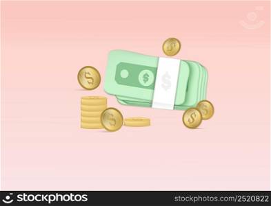 3d dollar bill and stack coins, on soft pink pastel background. Shopping online, sale, promotion, discount. Minimal cartoon icon. Vector illustration