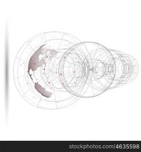 3D dotted world globe with abstract construction, connecting lines and dots, molecules on white background. Molecule structure, scientific research. Medicine, science, technology concept. Abstract polygonal design vector illustration.