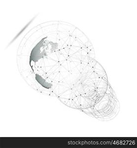 3D dotted world globe with abstract construction, connecting lines and dots, molecules on white background. Molecule structure, scientific research. Medicine, science, technology concept. Abstract polygonal design vector illustration.