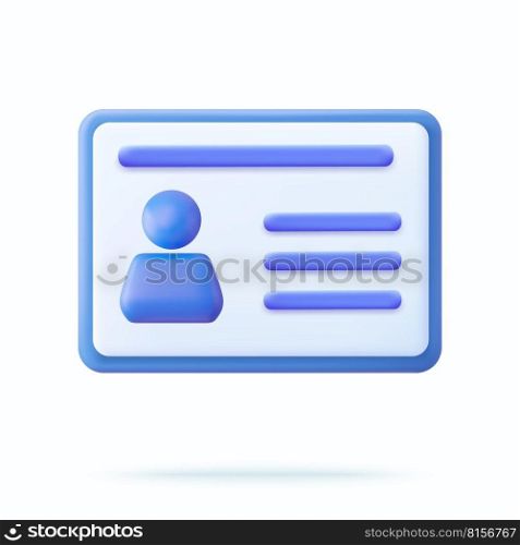 3d Driver license, id card, plastic card, badge icon. 3d rendering. Vector illustration. Driver license, id card,