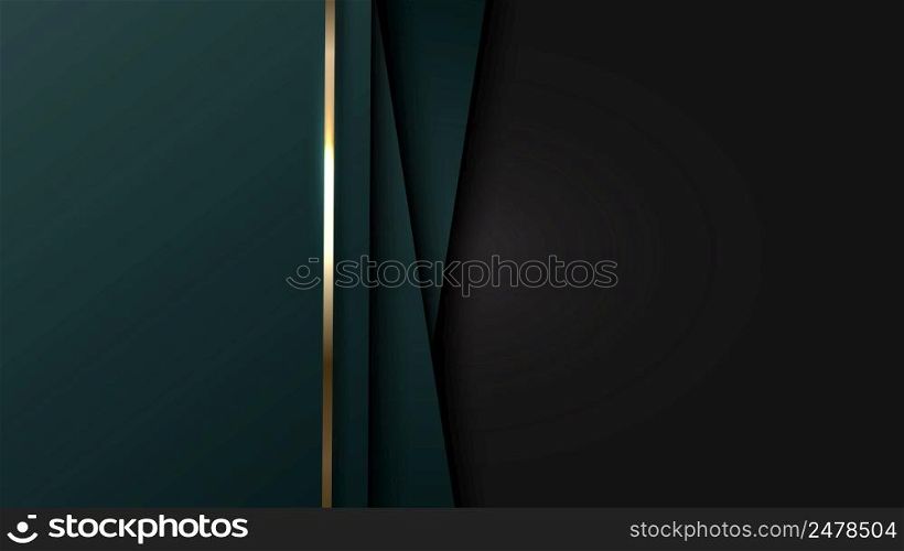 3D elegant abstract background green stripes overlapping layer with shiny golden lines on black background. Luxury style. Vector illustration