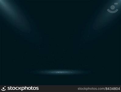 3D empty dark green studio room with spotlight and scattered dust particles on show stage. Luxury style. Vector illustration
