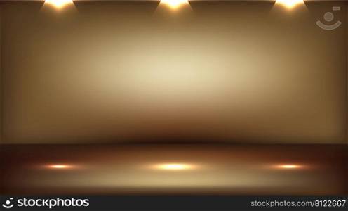3D empty elegant golden studio room background with spotlight on stage background. Display your product or artwork luxury style. Vector illustration