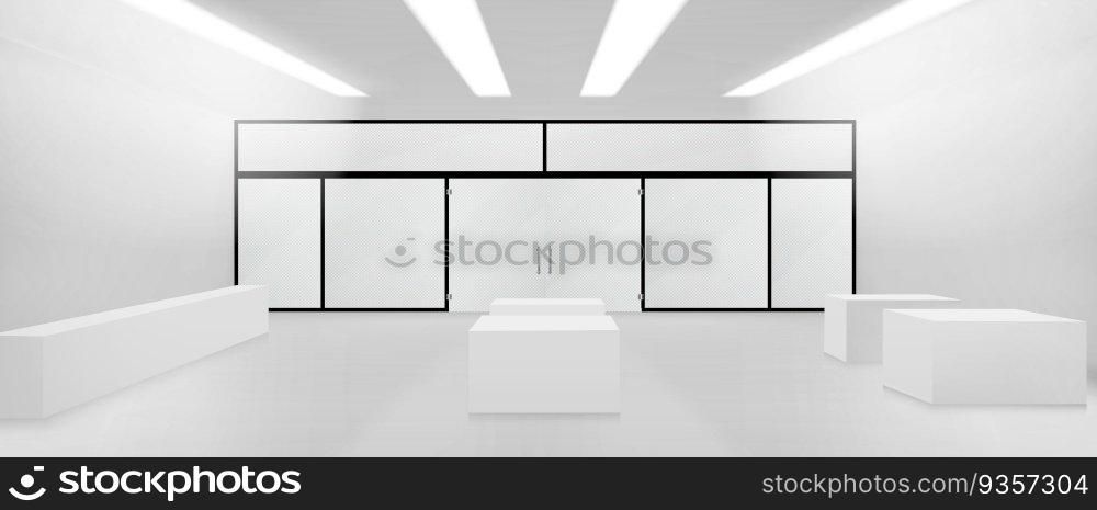 3d empty glass store interior vector mockup. Shop inside with window and double door for retail business. Entrance to exhibition showcase in supermarket layout with pedestal illuminated with l&.. 3d empty glass store interior inside vector mockup