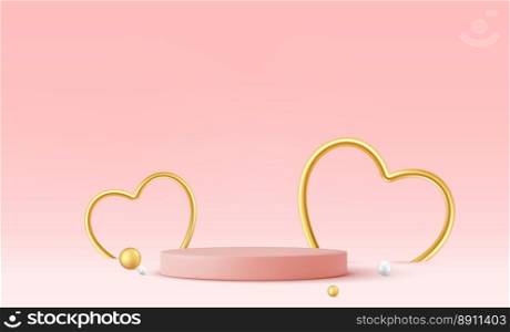 3d Empty pink product podium scene with gold heart. Design concept for Happy Valentines Day. 3d rendering. Vector illustration. 3d Empty pink product podium scene