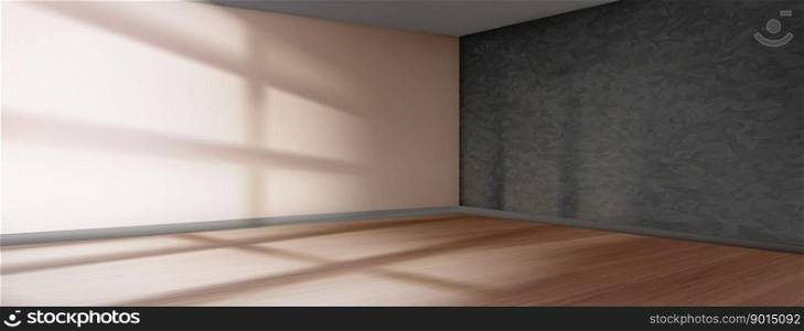 3d empty realistic room corner render with gray wall and wooden floor in vector. Gobo effect sunlight from window inside scene. Contemporary indoor mockup template for interior design of showroom.. 3d empty room corner render with gray wall vector