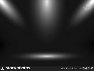 3D empty studio room show booth for designers with spotlight on black gradient background. Display your product or artwork. Vector illustration
