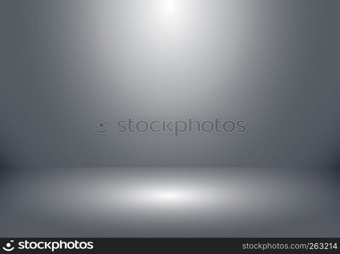 3D empty studio room show booth for designers with spotlight on gray gradient background. Display your product or artwork. Vector illustration