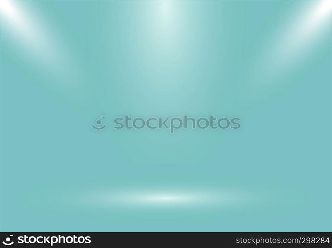 3D empty studio room show booth for designers with spotlight on green mint gradient background. Display your product or artwork. Vector illustration