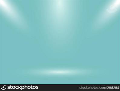 3D empty studio room show booth for designers with spotlight on green mint gradient background. Display your product or artwork. Vector illustration