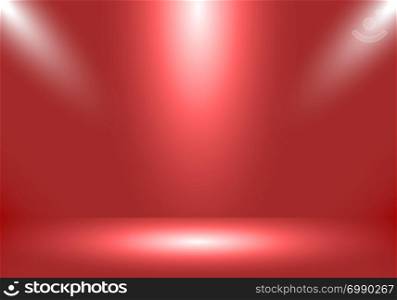 3D empty studio room show booth for designers with spotlight on living coral gradient color background. Display your product or artwork. Vector illustration