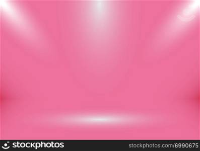 3D empty studio room show booth for designers with spotlight on pink gradient background for valentines day. Display your product or artwork. Vector illustration