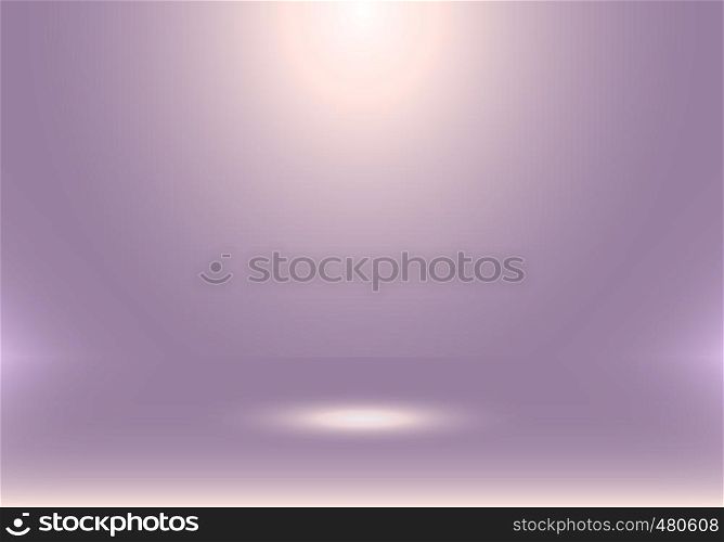 3D empty studio room show booth for designers with spotlight on purple gradient background. Display your product or artwork. Vector illustration