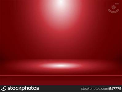 3D empty studio room show booth for designers with spotlight on red gradient background. Display your product or artwork. Vector illustration