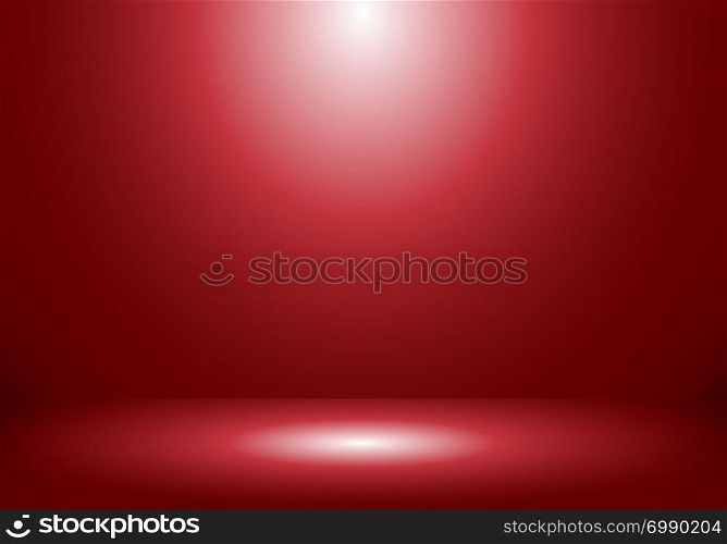3D empty studio room show booth for designers with spotlight on red gradient background. Display your product or artwork. Vector illustration