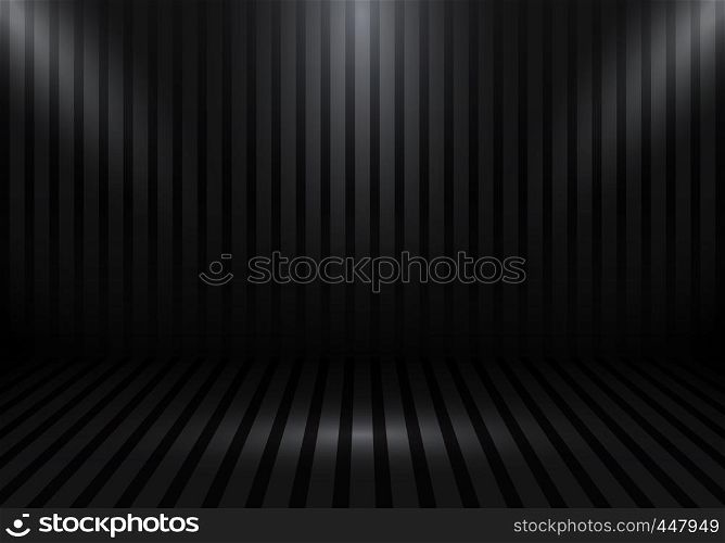 3D empty studio room show booth for designers with stripes and spotlight on black gradient background. Display your product or artwork. Vector illustration