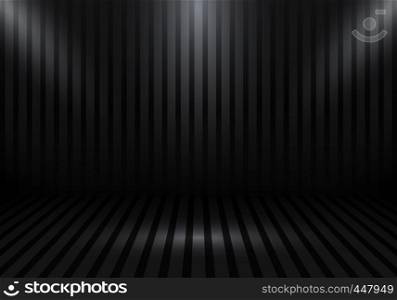 3D empty studio room show booth for designers with stripes and spotlight on black gradient background. Display your product or artwork. Vector illustration