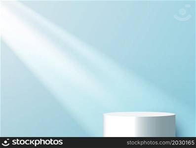 3D empty studio room white cylinder podium with light shines from the window on soft blue minimal scene background. Vector illustration