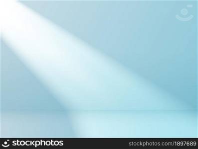 3D empty studio room with light shines from the window on soft blue minimal scene background. Vector illustration