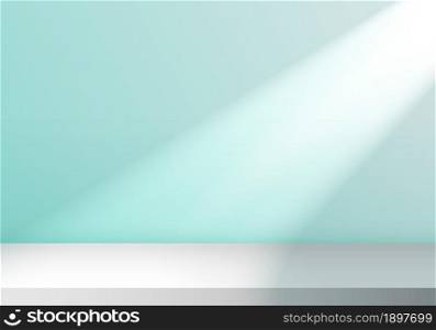 3D empty studio room with light shines from the window on stage soft blue minimal scene background. Vector illustration