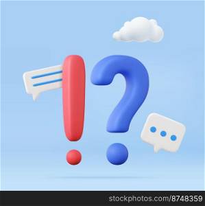 3d Exclamations and Question Marks. FAQ concept. Ask Questions and receive Answers. Online Support center. Frequently Asked Questions. 3d rendering. Vector illustration. Exclamations and Question Marks.