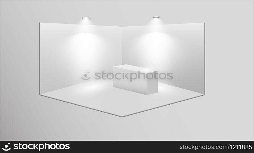 3D exhibition booth. White empty promotional stand with desk. Vector white empty geometric square. Presentation event room display. Blank box template.. 3D exhibition booth. White empty promotional stand with desk. Vector white empty geometric square. Presentation event room display. Blank box template