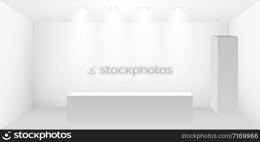 3D exhibition booth. White empty promotional stand with desk. Vector white empty geometric square. Presentation event room display. Blank box template.. 3D exhibition booth. White empty promotional stand with desk. Vector white empty geometric square. Presentation event room display. Blank box template