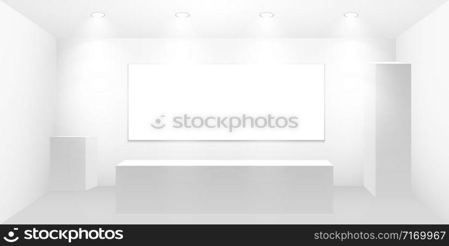 3D exhibition booth. White empty promotional stand with desk. Vector white empty geometric square. Presentation event room display. Blank box template.. 3D exhibition booth. White empty promotional stand with desk. Vector white empty geometric square. Presentation event room display. Blank box template