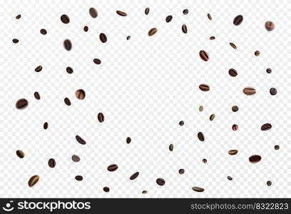 3d falling coffee beans, realistic cafe grain. Abstract seeds in cafeteria design, roasted espresso, agriculture collection. Circle frame for banner and poster backdrop. Vector isolated background. 3d falling coffee beans, realistic cafe grain. Abstract seeds in cafeteria design, roasted espresso, agriculture collection. Circle frame for banner backdrop. Vector isolated background